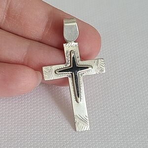 Vintage Silver Navajo Native Boho Western Engraved Onyx Inlay Cross Pendant
